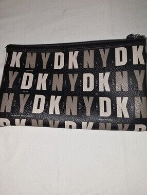 DKNY Black All-Over Logo Monogram Zippered Pouch